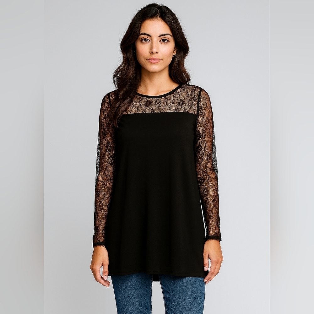 🖤 Contemporaine by Simons Black Lace Accented Tunic Top Gothcore – Size Small
